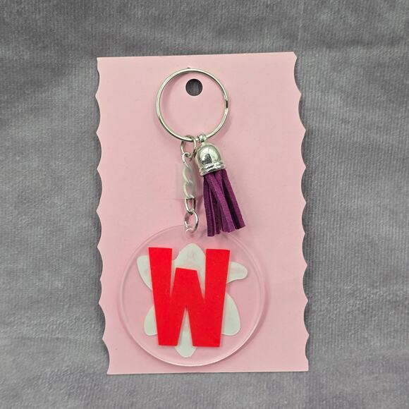 Letter Keychain Clear Silver Circle Handmade Acrylic Tassel Flower W Purple - Picture 1 of 3